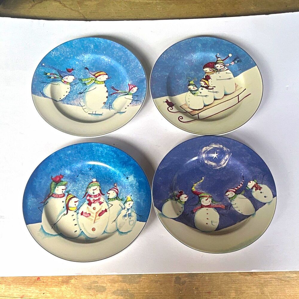 Oneida Snow Family Fun 4-Piece Holiday Snowman Dessert & Salad Plate Set